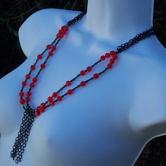 Handmade Double Strand Goth Beaded Necklace with Black Chains and Red Beads - Picture 5 of 16